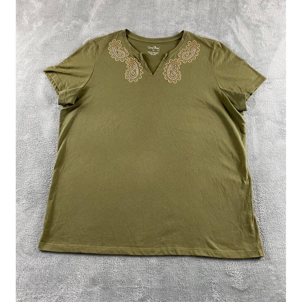 Coral Bay Womens XL Olive Green Beaded‎ Paisley Split Neck Short Sleeve Tee Top